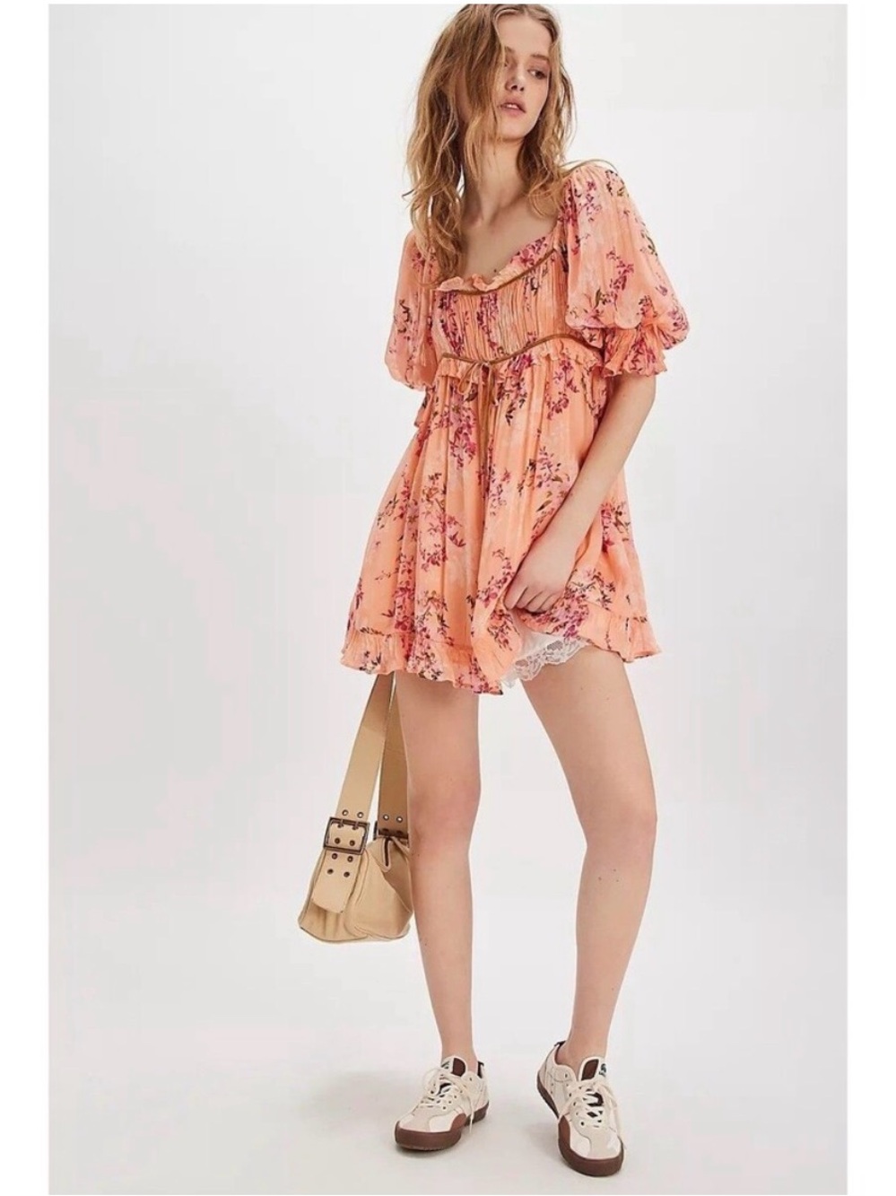 NWT Free People Peach Floral Puff Sleeve Mini Dress Size M